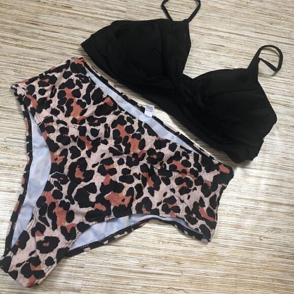 73 JODIMITTY Women's high waisted bottoms twist top Bikini set BLACK/ LEOPARD L - Picture 1 of 1